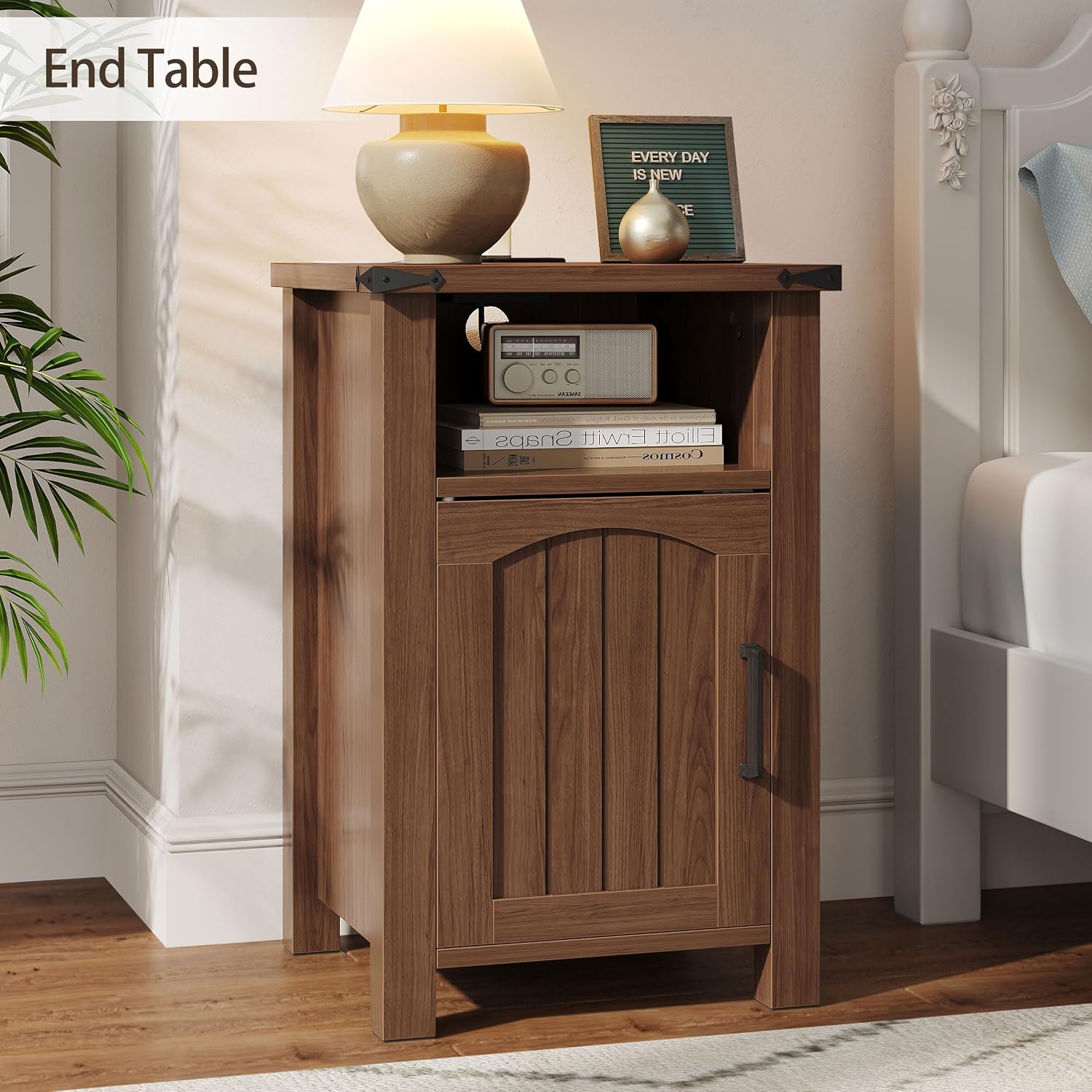 Farmhouse Nightstand with Charging Station, End Table with USB/Type-C Ports and Power Outlets, Rustic Bedside Table with Large Storage and Open Shelf, Modern Side Table for Bedroom, Walnut