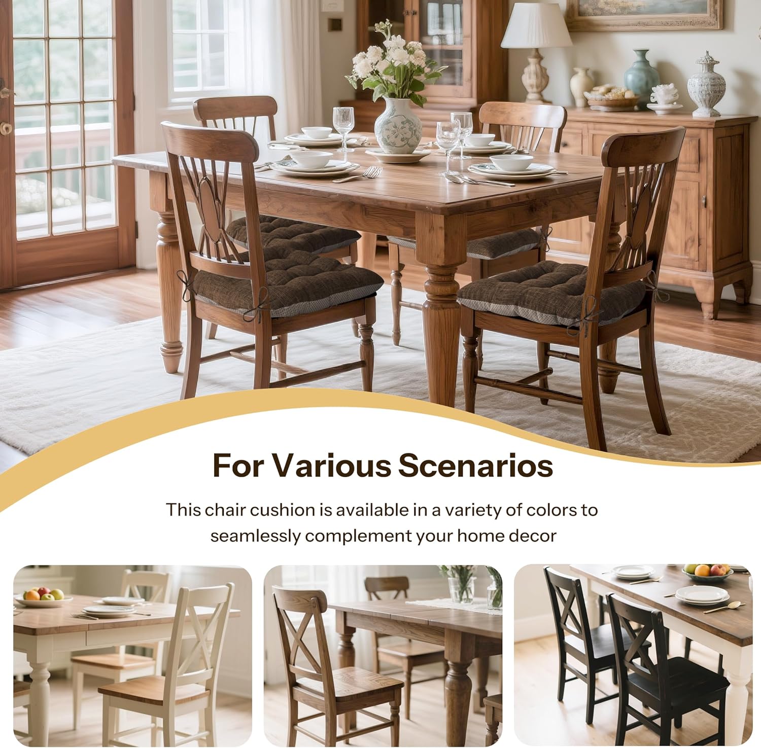 Chair Cushions for Dining Chairs 2 Pack, 18"x18"x3", Coffee | Non-Slip, Tufted, with Ties, Textured, Comfortable, for Kitchen, Dining Room, Home Offices, Living Room, Bars, Indoor