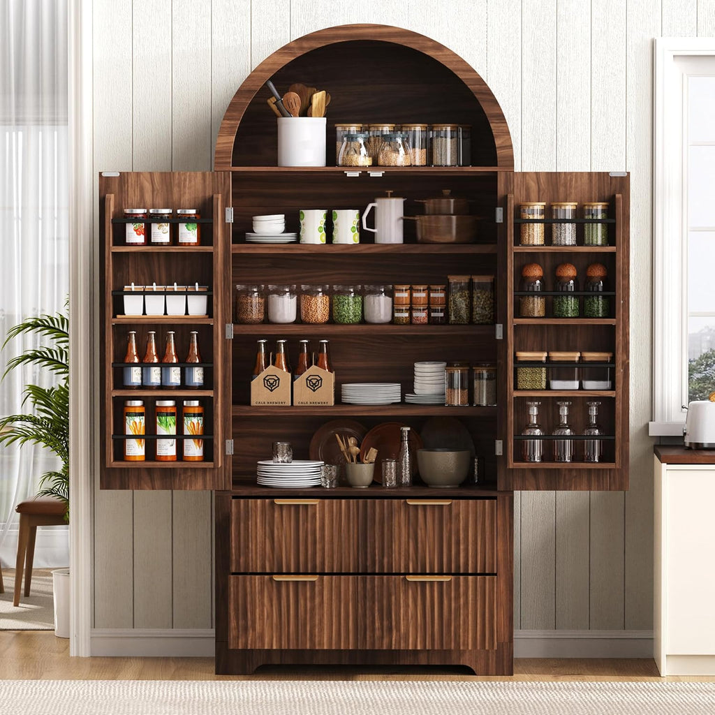 Merax 72" Tall Arched Kitchen Pantry Cabinet with 2 Drawers, Mid Century Modern Fluted Storage Cabinet with 3 Adjustable Shelves & 8 Door Shelves, Wooden Cupboard Organizer for Kitchens (Walnut)