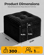 23.6in Pouf Ottoman, Corduroy Ottoman Foot Rest with Dual‑Layer Support, Large Poofy Pouf with Soft Chunk‑Foam Top & Firm Foam Base, Floor Foot Stool for Living Room, Black