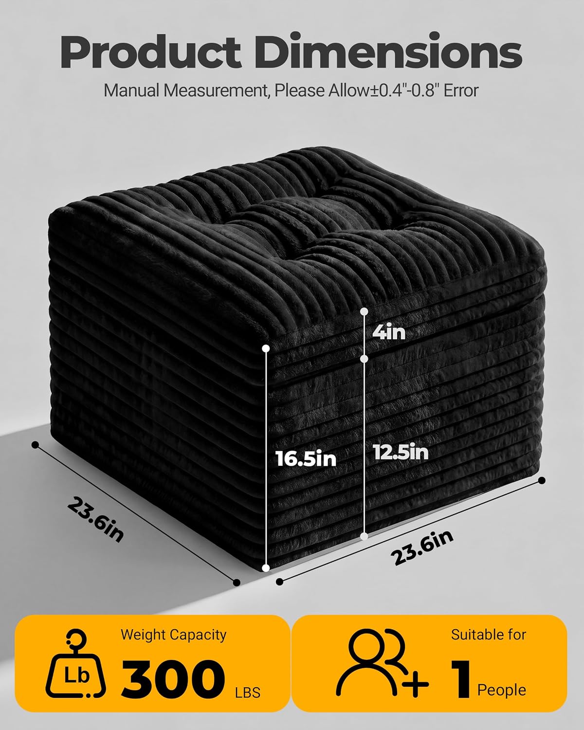 23.6in Pouf Ottoman, Corduroy Ottoman Foot Rest with Dual‑Layer Support, Large Poofy Pouf with Soft Chunk‑Foam Top & Firm Foam Base, Floor Foot Stool for Living Room, Black