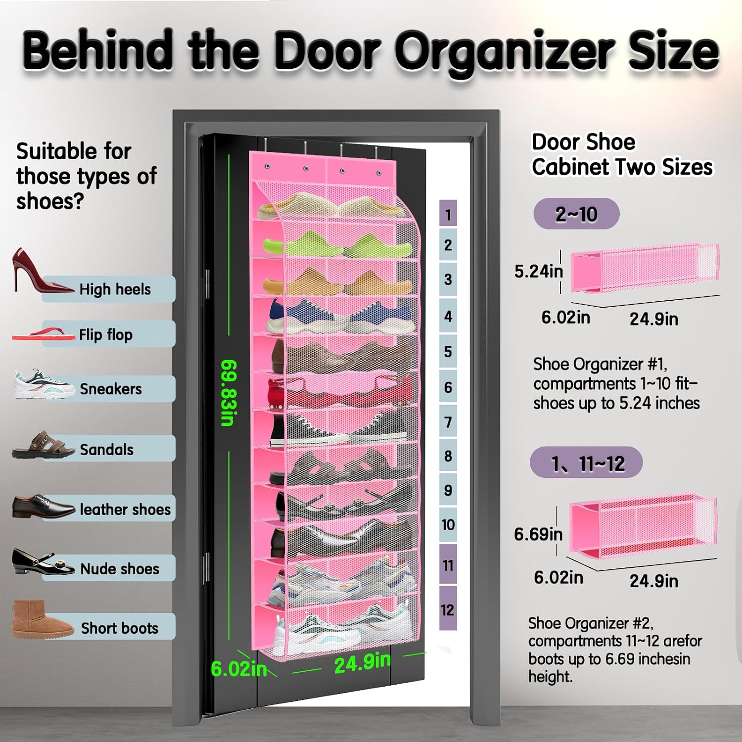 Kotkn Over The Door Shoe Organizer with 12 Large Breathable Pockets - Durable Hanging Storage for the Entire Family's Shoes (Pink)