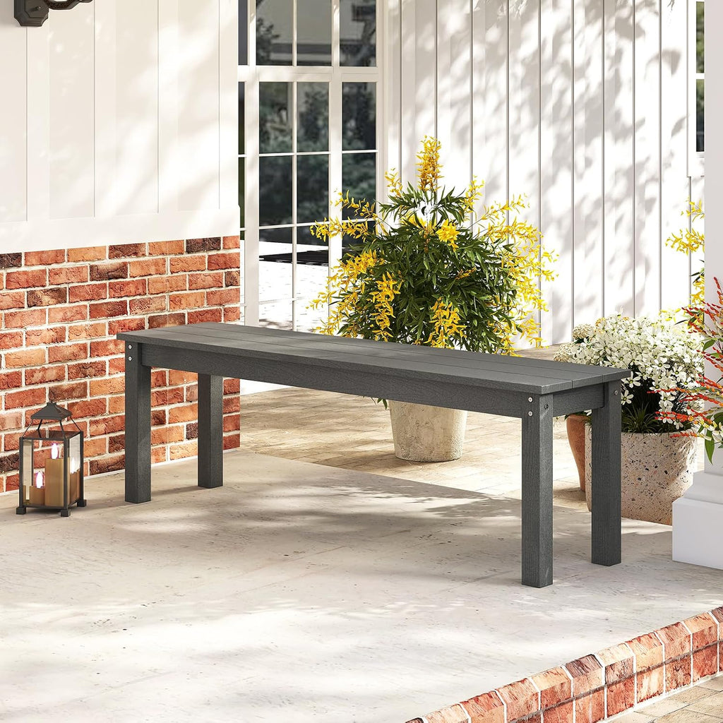 Tangkula HDPE Outdoor Bench, 2-3 Person Patio Bench, 55" Backless Garden Dining Bench with Slatted Seat, Weatherproof Park Bench for Entryway, Porch, Lawn & Backyard (Grey,1)