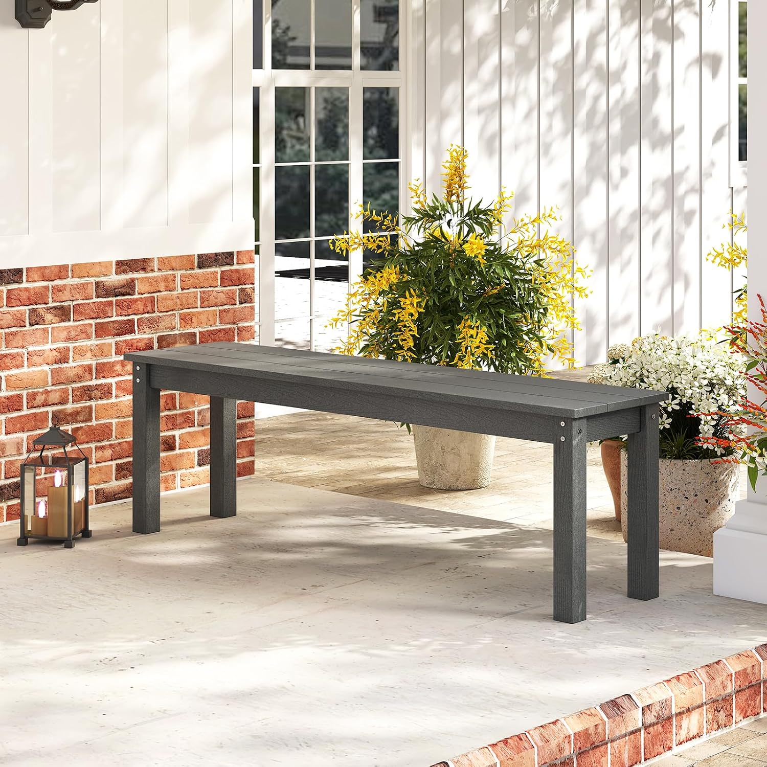 Tangkula HDPE Outdoor Bench, 2-3 Person Patio Bench, 55" Backless Garden Dining Bench with Slatted Seat, Weatherproof Park Bench for Entryway, Porch, Lawn & Backyard (Grey,1)