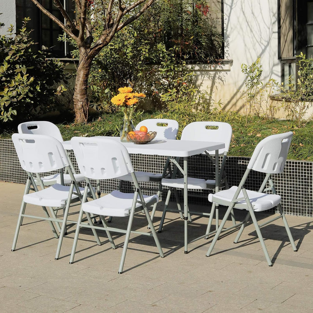Lakhow Folding Table 4 Foot Portable Heavy Duty Plastic Fold-in-Half Utility Table with Carrying Handle,Indoor Outdoor Small Adjustable Height Folding,Camping and Party,White