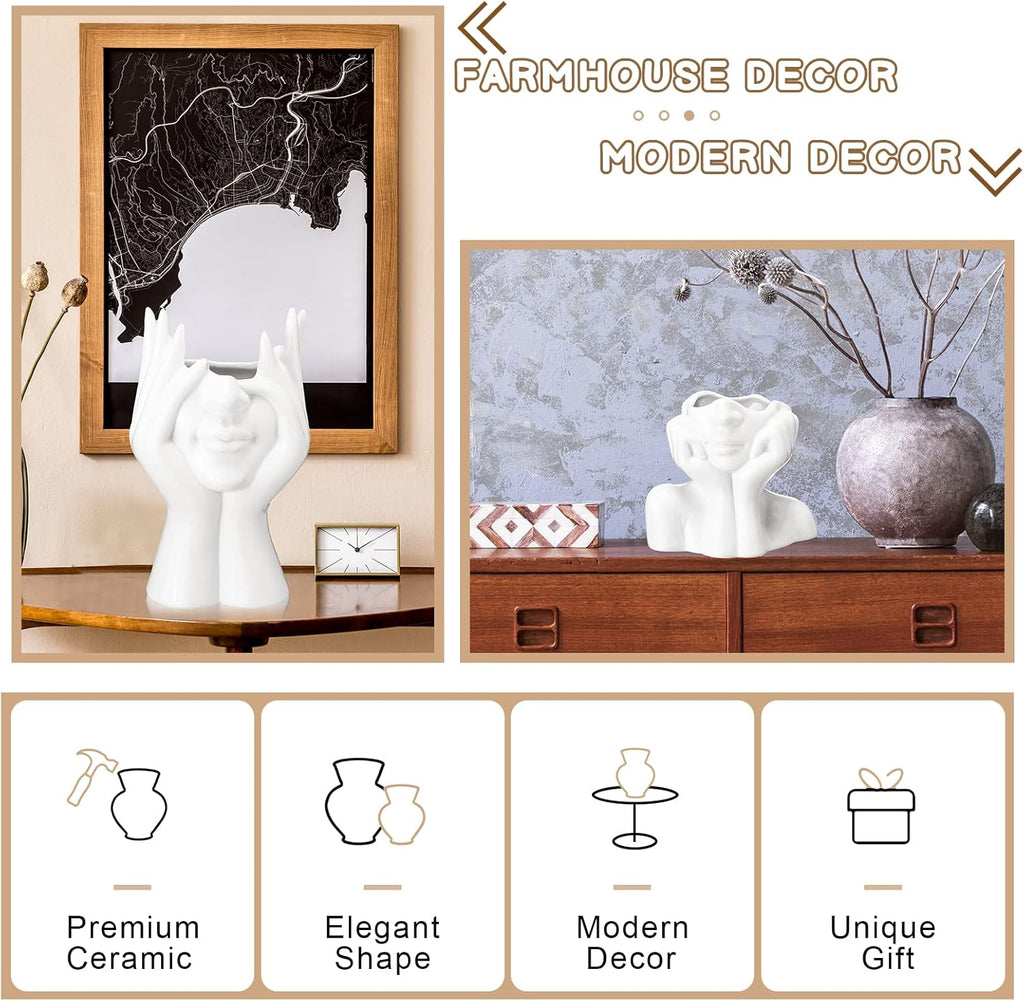 Sieral 3 Pcs Ceramic Face Vase Female Form Flower Modern Body Vase for Decor with Head Half Body Bust Centerpiece for Table Shelf Home Bedroom Room Office(Small,White)