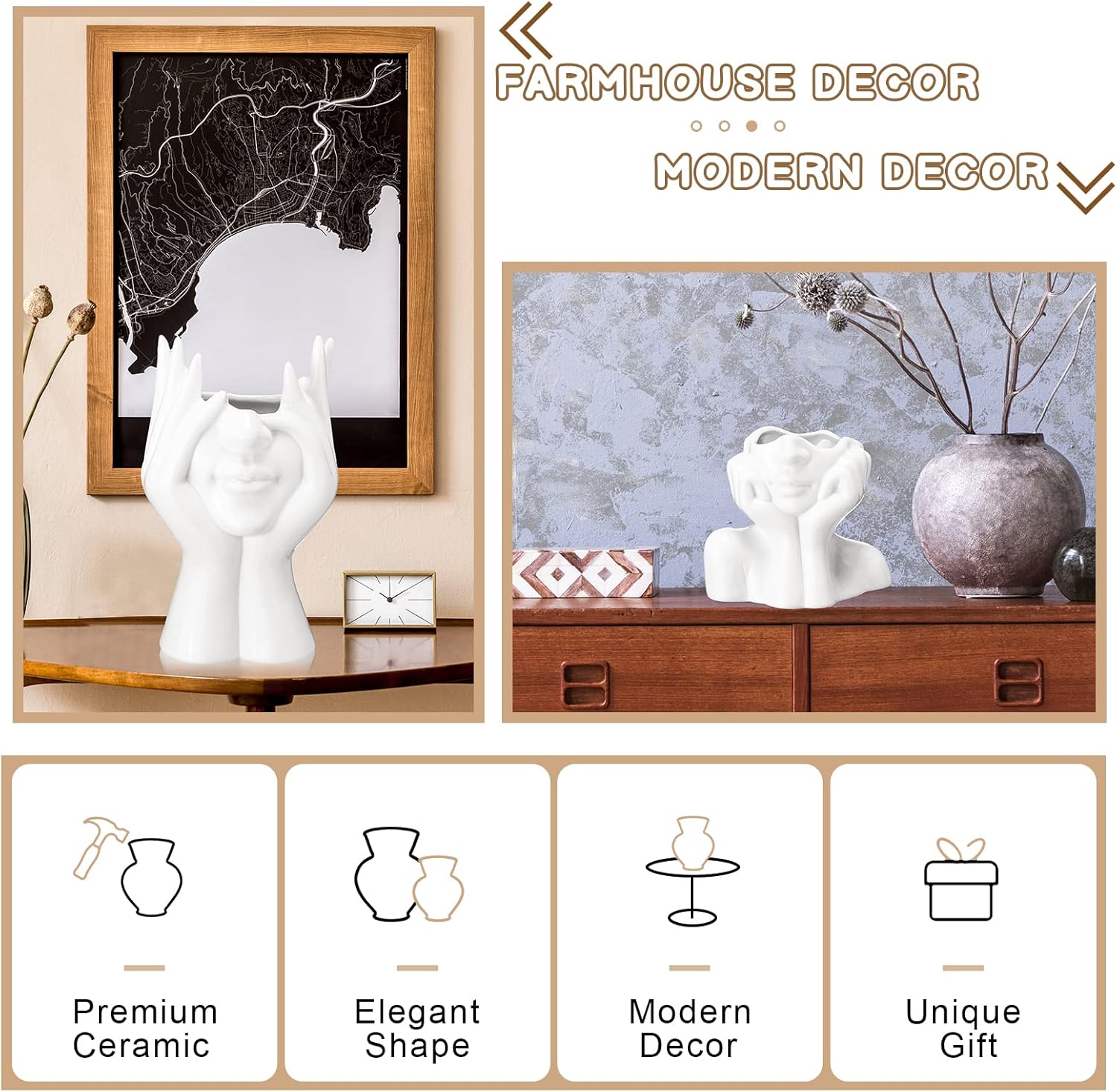 Sieral 3 Pcs Ceramic Face Vase Female Form Flower Modern Body Vase for Decor with Head Half Body Bust Centerpiece for Table Shelf Home Bedroom Room Office(Small,White)