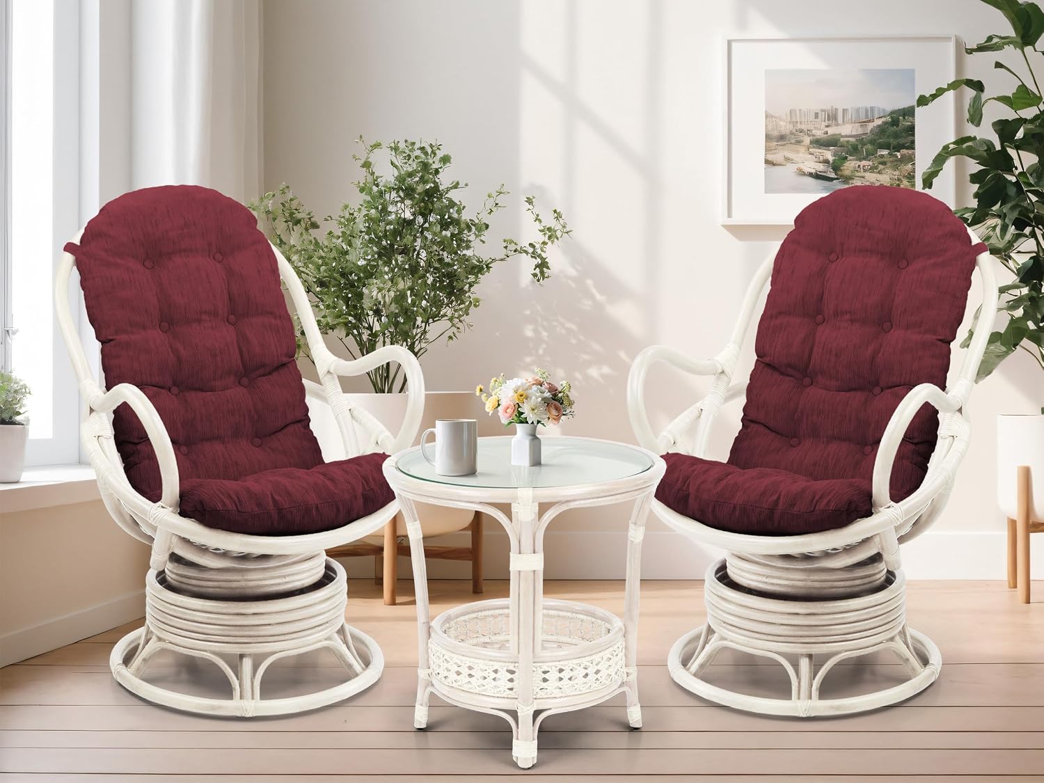 Java Lounge Swivel Rocking Chair with Dark Brown Cushion Natural Rattan Wicker Handmade, White Color
