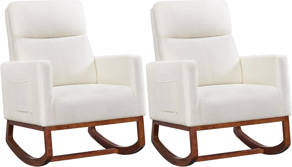 Yaheetech Upholstered Rocking Chair, Boucle Nursery Glider Chair with Side Pocket, Modern Rocking Accent Armchair with High Back and Rubber Wood Legs for Living Room Bedroom Nursery, 2 Pcs, Ivory