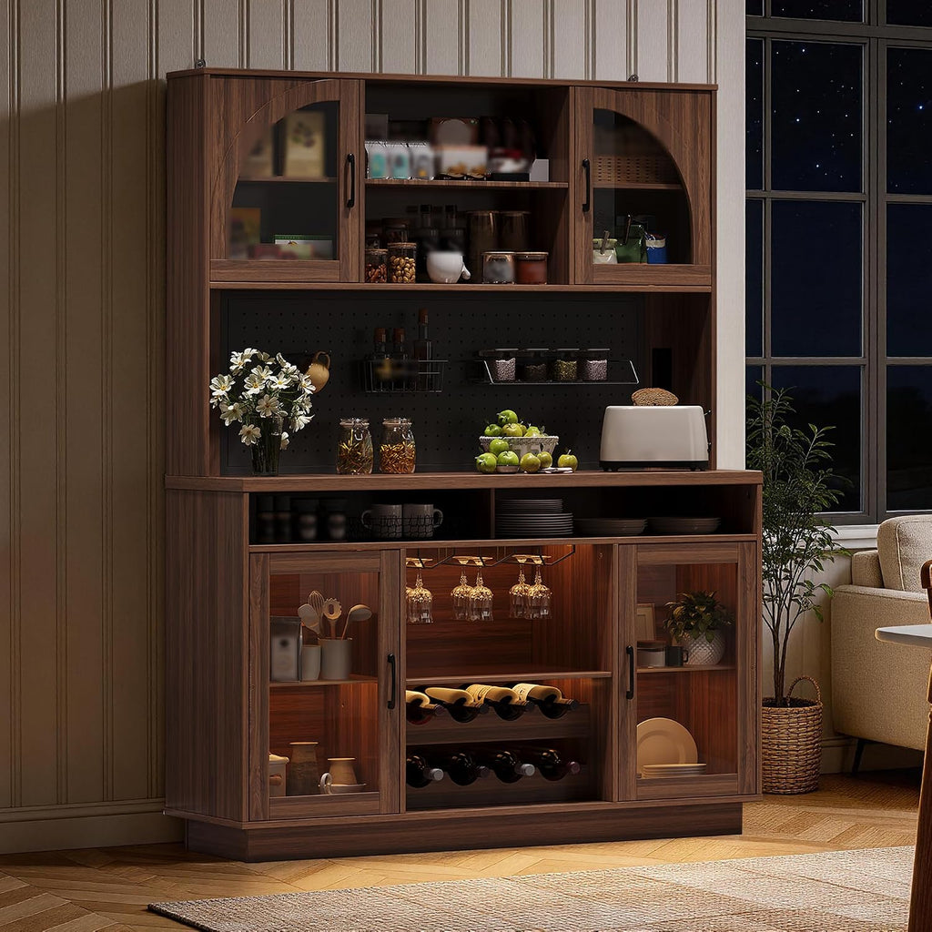 BINGTOO 71" Tall Kitchen Pantry Cabinet with Charging Station, 54" Large Kitchen Hutch with LED Lights & Pegboard, Coffee Bar Cabinet with Wine Rack and Adjustable Shelves (Walnut Brown, 1 Cabinet)