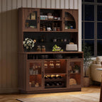 BINGTOO 71" Tall Kitchen Pantry Cabinet with Charging Station, 54" Large Kitchen Hutch with LED Lights & Pegboard, Coffee Bar Cabinet with Wine Rack and Adjustable Shelves (Walnut Brown, 1 Cabinet)