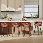 26" Counter Height Bar Stools Set of 2, Premium Faux Leather Barstools with Woven Backs Support & Heavy Duty Metal Legs, Upholstered 360°Swivel Bar Chairs for Kitchen Counter, Easy Assembly, Brown