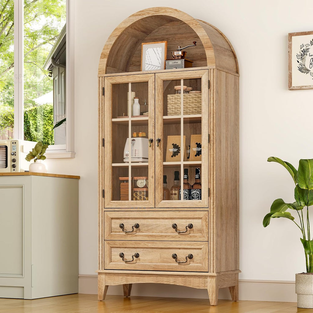 RALGEND 71'' Tall Arched Pantry Cabinet, Farmhouse Kitchen Pantry Cabinet with Glass Doors, Adjustable Shelves and 2 Large Drawers, Versatile Cupboard for Kitchen, Dining Room, Natural