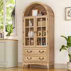 RALGEND 71'' Tall Arched Pantry Cabinet, Farmhouse Kitchen Pantry Cabinet with Glass Doors, Adjustable Shelves and 2 Large Drawers, Versatile Cupboard for Kitchen, Dining Room, Natural