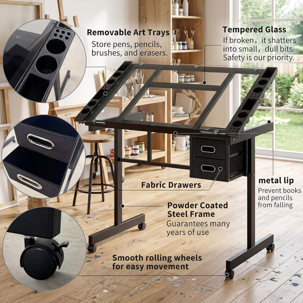 XEW Adjustable Drafting Table Desk Without Stool – Multi-Functional Art Desk for Adults, Drawing & Painting Table, Artist Desk & Drafting Table, Art Table, Tempered Glass Black C