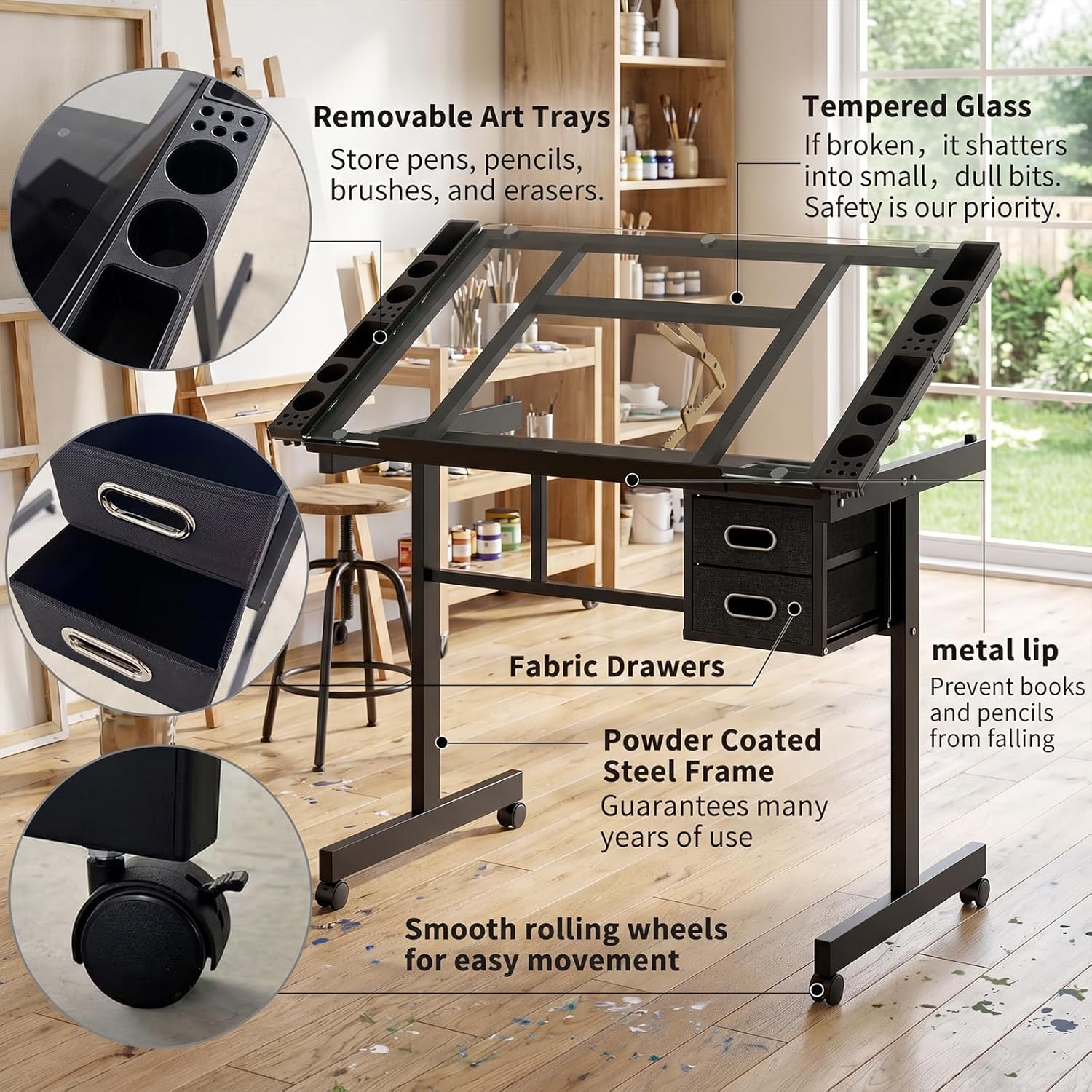 XEW Adjustable Drafting Table Desk Without Stool – Multi-Functional Art Desk for Adults, Drawing & Painting Table, Artist Desk & Drafting Table, Art Table, Tempered Glass Black C