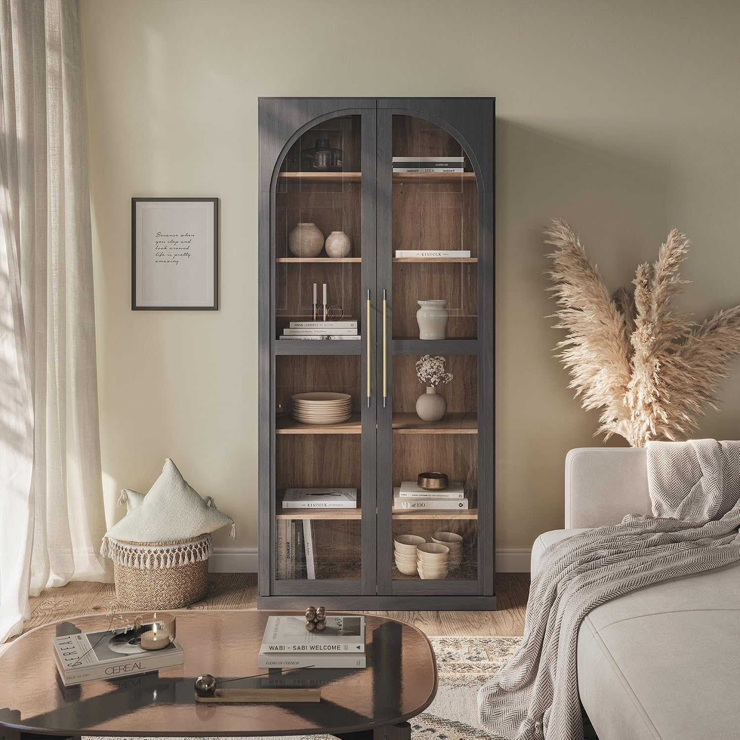 BELLEZE 67" Tall Glass Display Cabinet, Modern Wood Curio Cabinet Bookcase with Adjustable Storage Shelves, 6-Tier Trophy Showcase Display for Living Room - Ebony
