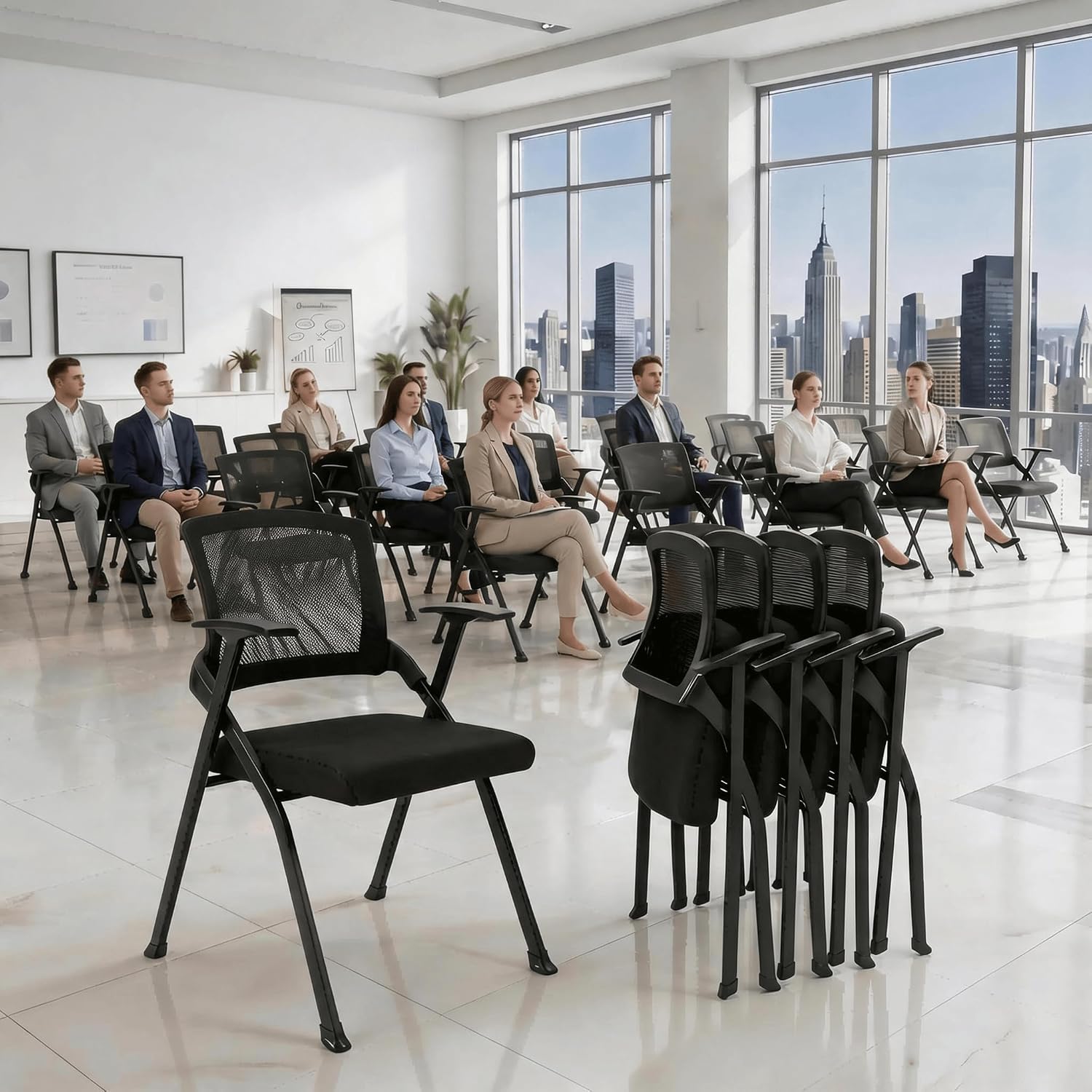 Heavy Duty Folding Conference Chair with Arms - Breathable Mesh Back, Comfortable Padded Seat, Sturdy Steel Frame for Office, Meeting Room & Training Seminar,Classroom (2, Black)