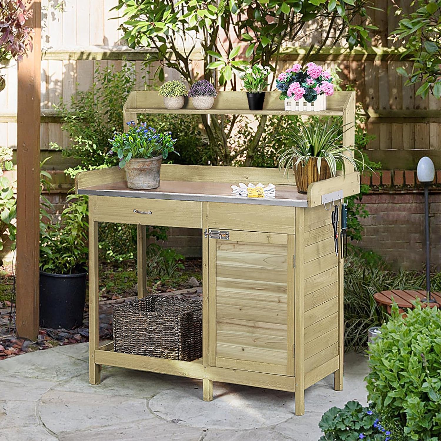 costoffs Potting Bench Wood Garden Potting Table with Cabinet and and Drawers Outdoor Metal Surface Work Bench for Greenhouse with Hooks and Shelf, Light Green
