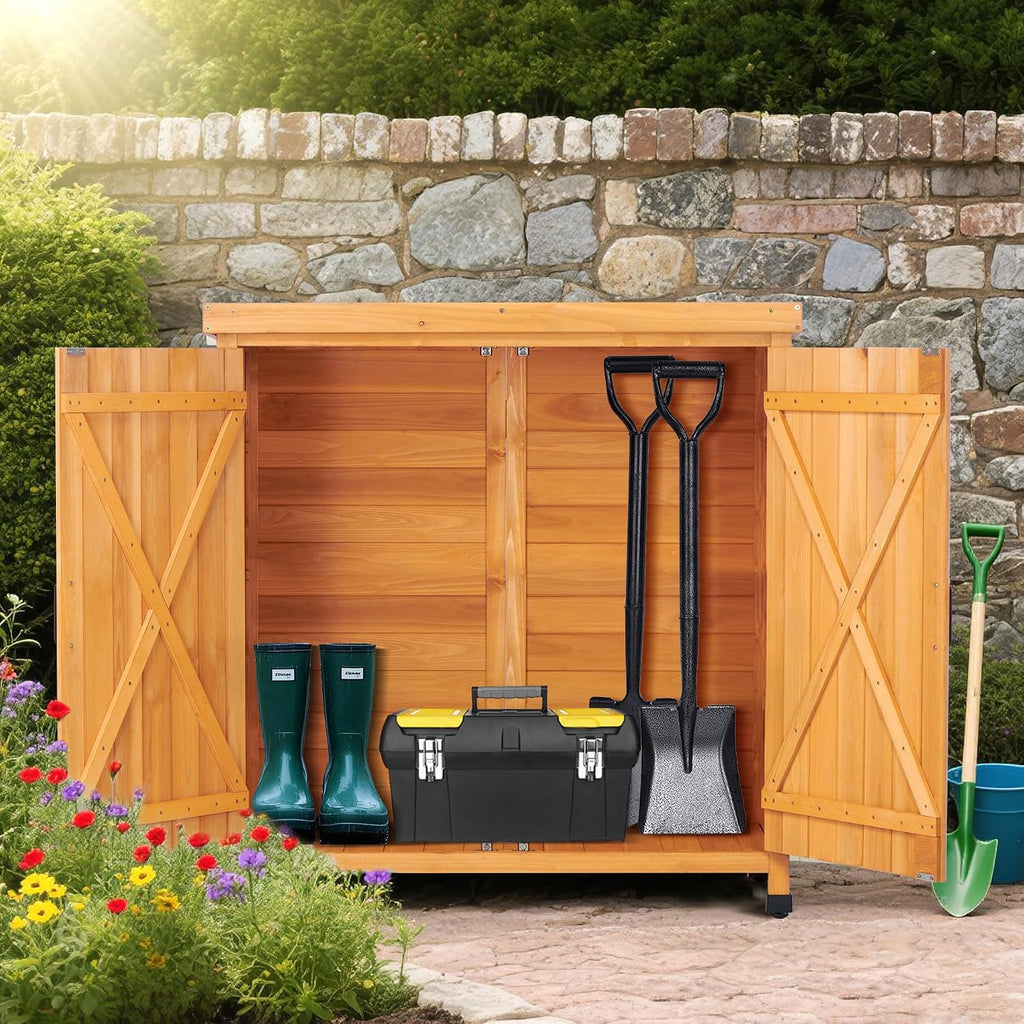 Potting Bench Table, Wooden Storage Cabinet with Removable Shelf, Metal-Plated Tabletop, Light Brown, 36x31x19 in, for Backyard Patio Lawn Gardening