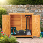 Potting Bench Table, Wooden Storage Cabinet with Removable Shelf, Metal-Plated Tabletop, Light Brown, 36x31x19 in, for Backyard Patio Lawn Gardening