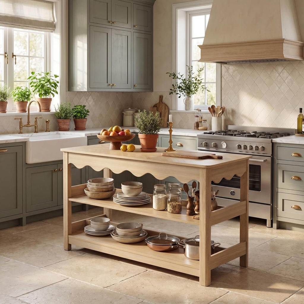 LITTLE TREE 59-Inch Kitchen Island with Seating and Storage, Large Farmhouse Stationary Island Table with Large Worktop, 3-Tier Open Shelves & Leg Room, Light Oak Kitchen Prep Station, Breakfast Bar