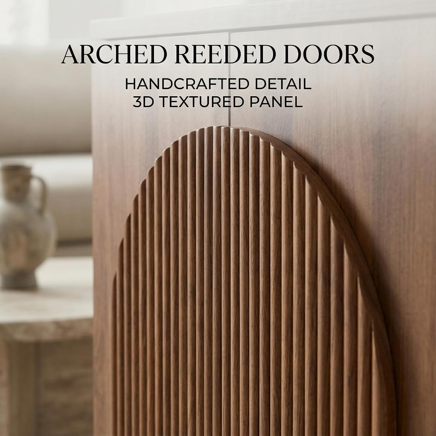 Brafab 4-Door Fluted Sideboard Buffet Cabinet with Arched Reeded Doors and Adjustable Shelves, Modern Credenza Storage Cabinet for Living Room Dining Room, Walnut Oak Finish