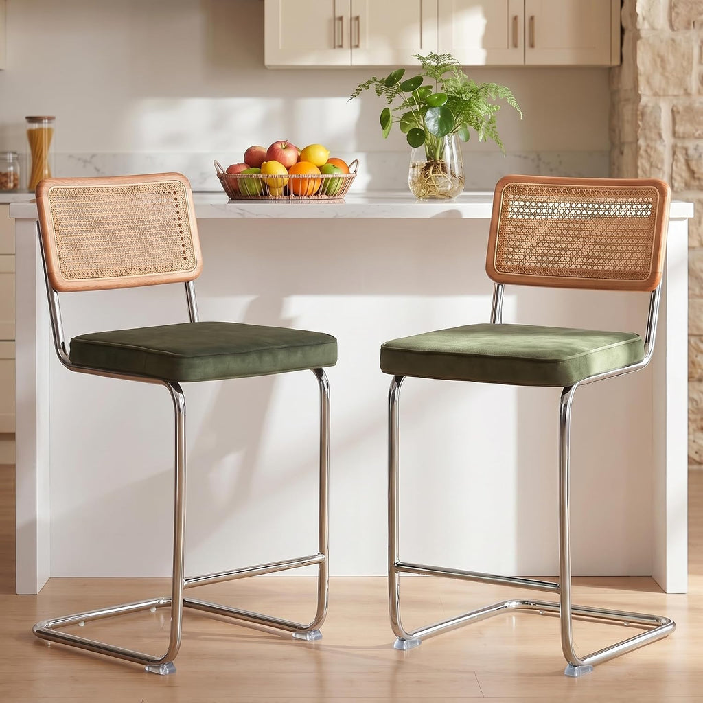 GrandNoor Natural Rattan Bar Stools Set of 2 with Solid Wood Back, 24 Inch Mid Century Modern Counter Height Stools, Green Upholstery Boho Stool for Kitchen Counter with Chrome Metal Legs