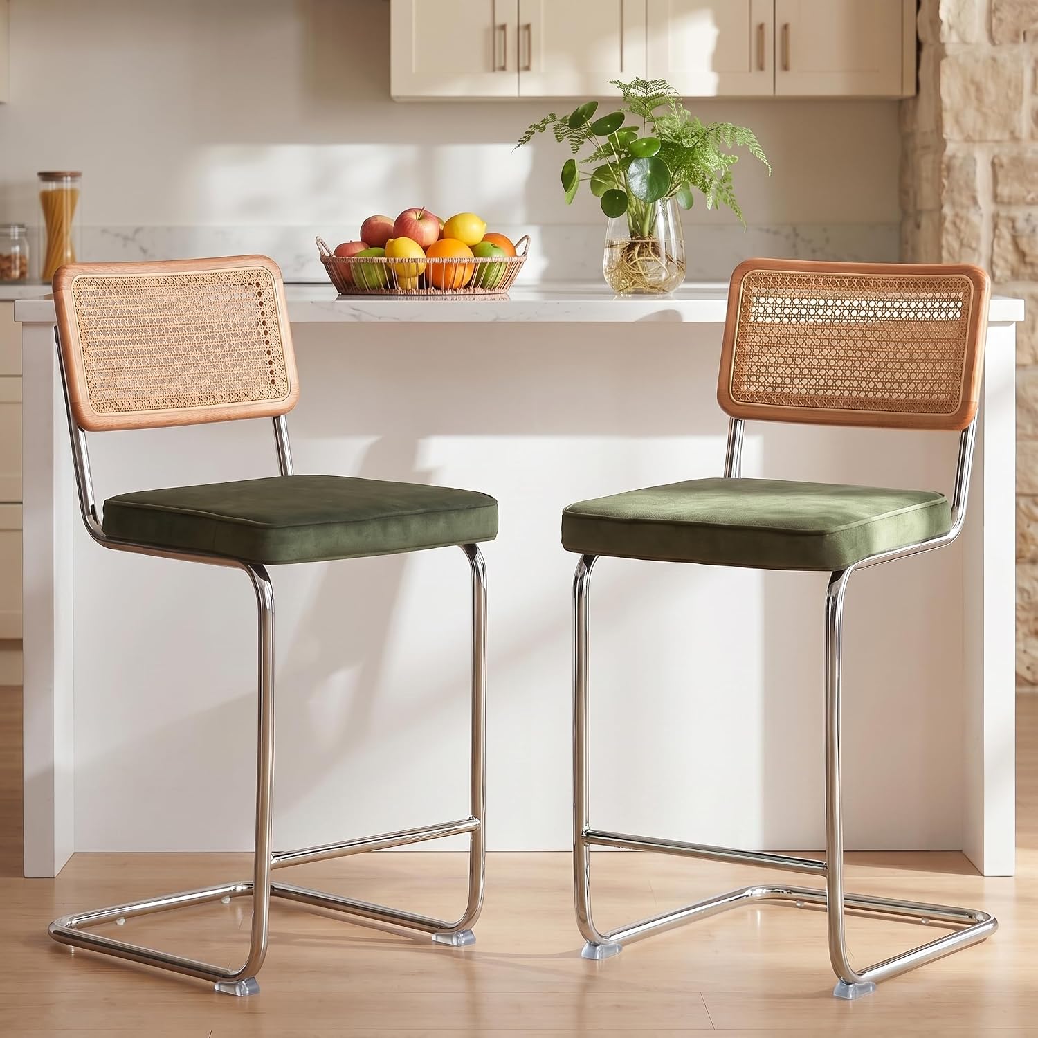 GrandNoor Natural Rattan Bar Stools Set of 2 with Solid Wood Back, 24 Inch Mid Century Modern Counter Height Stools, Green Upholstery Boho Stool for Kitchen Counter with Chrome Metal Legs