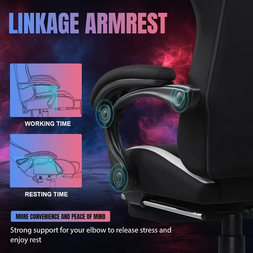 GTPLAYER RGB Gaming Chair with Footrest, LED Lights, Ergonomic Computer Chair with Linkage Armrest, Breathable Fabric for Home Office Desk - Video Game Chairs for Adults