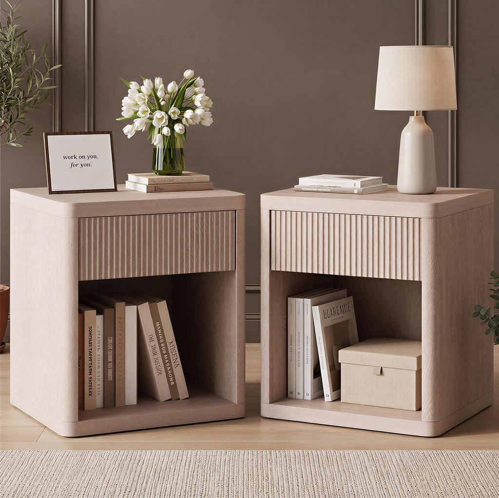 OLIXIS Set of 2 Modern Nightstand, 22.7" Fluted Drawer Wood Bedside Table | Compact white oak nightstand with drawer & open shelf, sturdy multi-use end table for bedroom, sofa side table, entryway