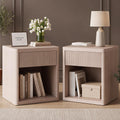 OLIXIS Set of 2 Modern Nightstand, 22.7" Fluted Drawer Wood Bedside Table | Compact white oak nightstand with drawer & open shelf, sturdy multi-use end table for bedroom, sofa side table, entryway