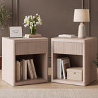 OLIXIS Set of 2 Modern Nightstand, 22.7" Fluted Drawer Wood Bedside Table | Compact white oak nightstand with drawer & open shelf, sturdy multi-use end table for bedroom, sofa side table, entryway