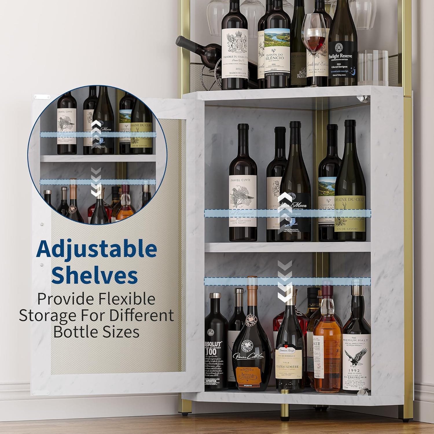 IDEALHOUSE Corner Bar Wine Cabinet with LED Lights & Glass Holder Wine Bar Rack Cabinet with Mesh Door & Glass Holder,Industrial Liquor Cabinet for Home, Kitchen, Dinning Room,Gold