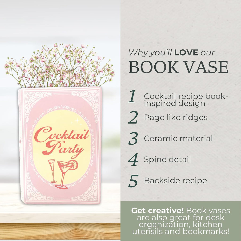 Steel Mill & Co Original Cocktail Recipe Book-Shaped Decorative Vase, Ceramic Vases for Home Decor, Vintage Inspired Kitchen and Bar Cart Decor, Unique Vase for Book Lovers (Cocktail Party)