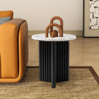 Modern Fluted Side Table, Stone End Table with Terrazzo Top & Black Fluted Ash Wood Base, 18.1" Accent Table for Living Room, Bedroom or Couch Side