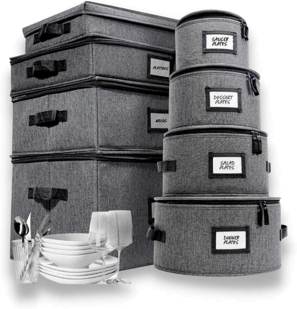 HOMELUX THEORY 8pcs Hard Shell China Storage Containers, Mug Storage, Wine Glass, Utensils, & Plate Storage Containers with Lid, Heavy Duty Dinnerware Storage for Packing Plates, Glassware & Cutlery