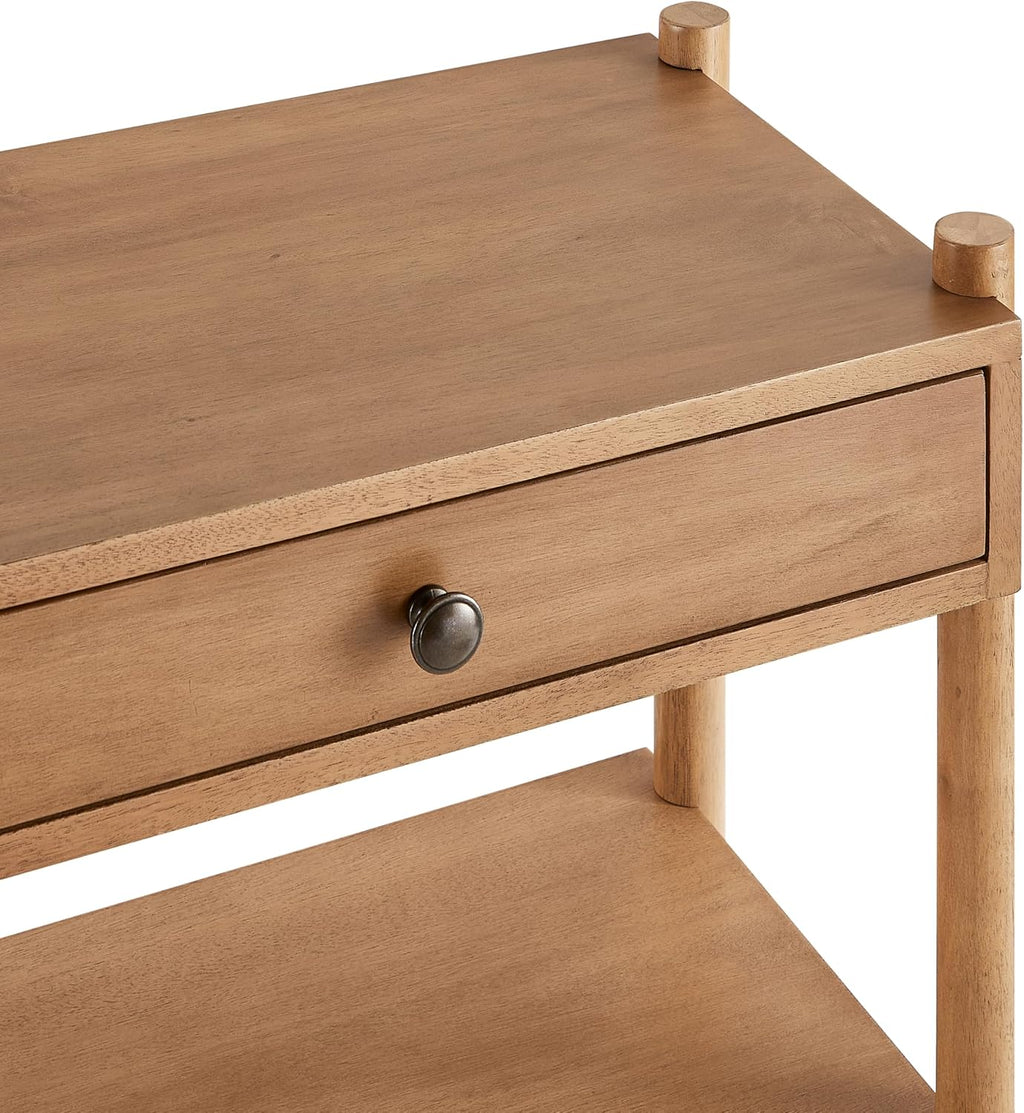 Modern Wood Nightstand with Two Drawers and Open Shelf, Solid Wood Legs, Brushed Bronze Hardware, Bedside End Table for Bedroom or Living Room