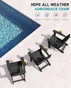 SERWALL Folding Adirondack Chair Set of 2, Adjustable Adirondack Chair with 3 Recline Positions, All Weather HDPE Outdoor Adirondack with Cup Holders, Black