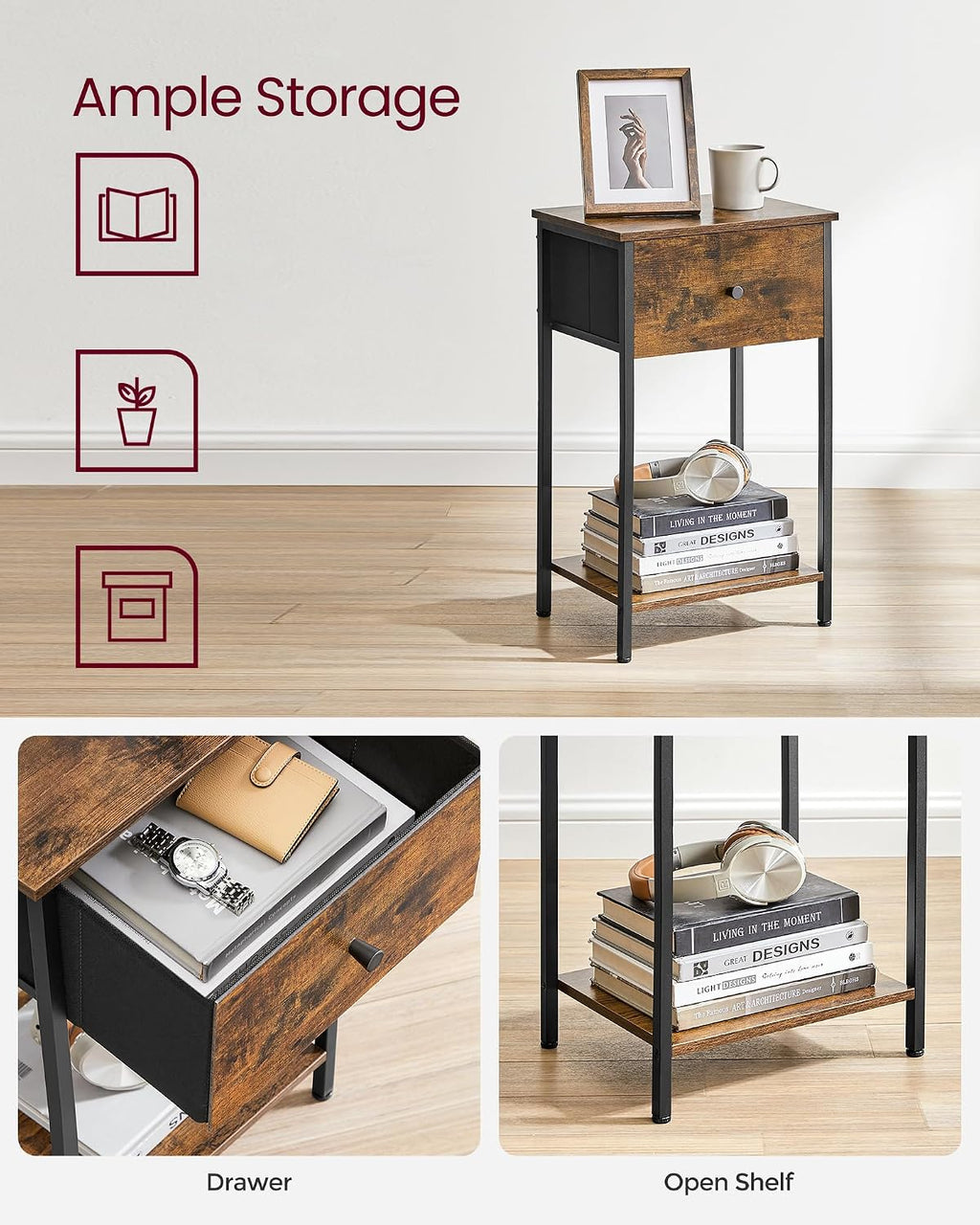 VASAGLE Nightstands, Set of 2 Side Tables with Fabric Drawer, 24-Inch Tall End Tables with Storage Shelf, Bedroom, Rustic Brown and Black ULGS221B01V1