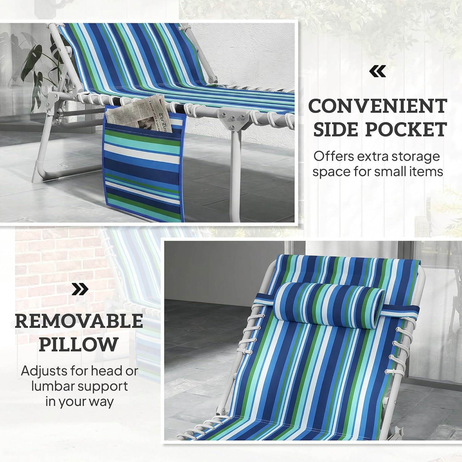 Outsunny Tanning Chair Set of 2 with Face Hole, Side Table, 5-Position Reclining Folding Chaise Lounge Chair Outdoor Lounger Recliner, Carry Straps for Beach Pool Camp, Oxford Fabric, Blue Stripe