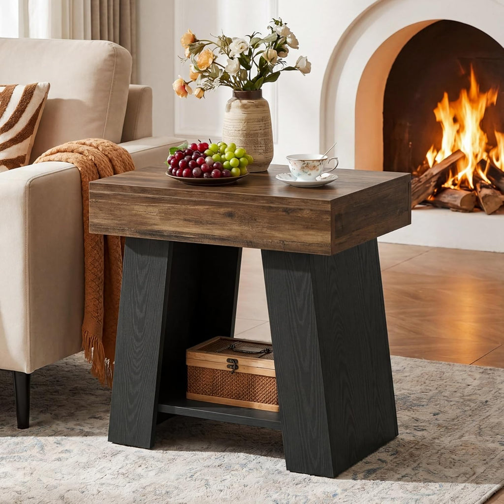 Tribesigns Wooden End Table, 2-Tier Farmhouse Nightstand Sofa Side Table with Storage Shelf, Two-Tone Side Table for Couch, Heavy-Duty Bedside Table for Bedroom, Living Room, Rustic Brown & Black