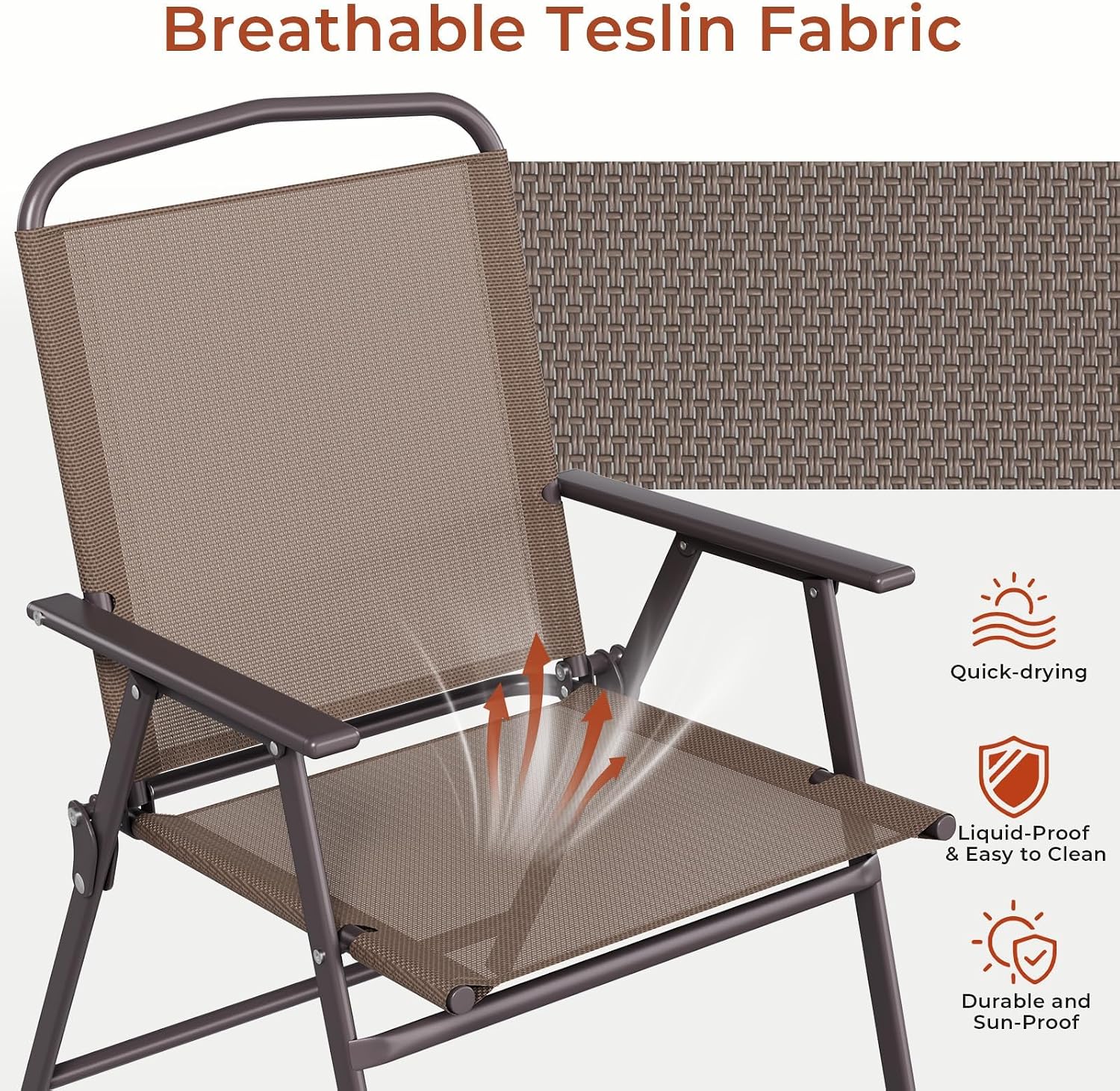 TLSUNNY Patio Folding Chairs Set of 2, Portable Dining Lawn Chairs, Outdoor Folded Furniture W/Breathable Textilene & Steel Frame, Armrests & Crossbar, All Weather for Pool, Camping (2, Brown)