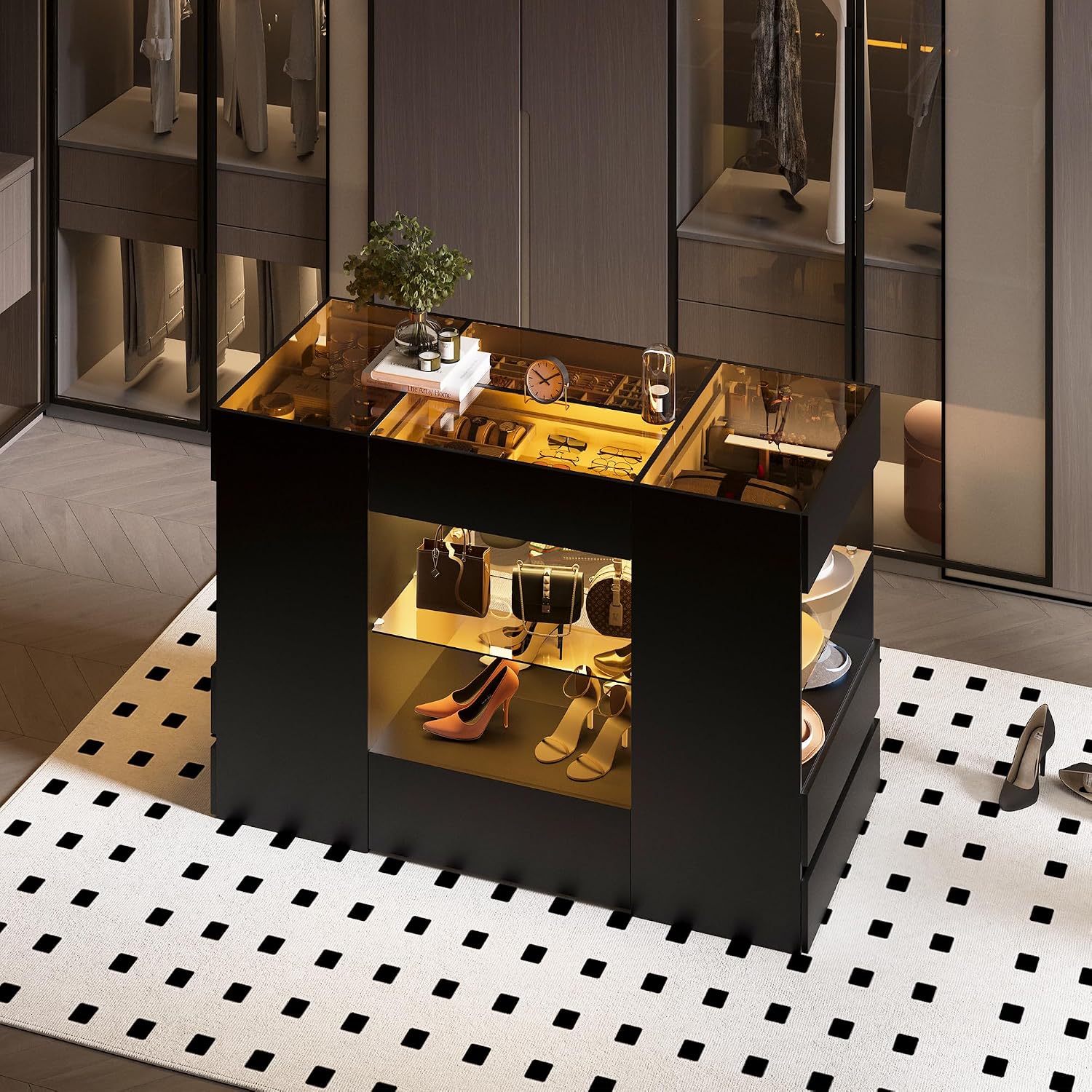 Kikihouse Modern Closet Island with 10 Drawers, LED Wardrobe Armoire Island with Glass Top, Luxury Walk-in Closet Island Storage Cabinet with Display Shelf for Cloakroom, Dressing Room (Black)
