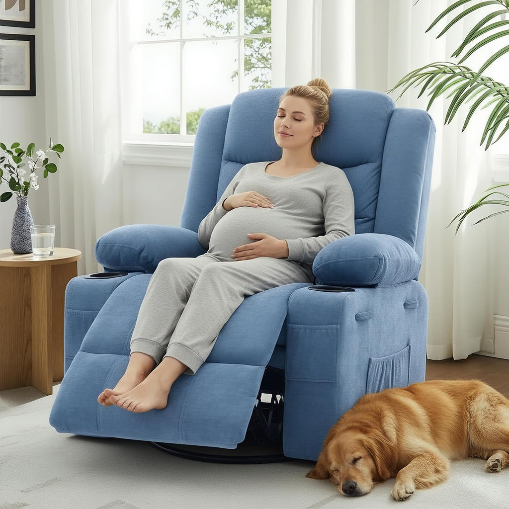 Swivel Rocker Recliner Chair, Manual Recliner Single Sofa with Cup Holders and Side Pocket, Chenille Fabric, Upholstered Nursery Rocking Chair for Living Room, Bedroom, Blue