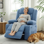 Swivel Rocker Recliner Chair, Manual Recliner Single Sofa with Cup Holders and Side Pocket, Chenille Fabric, Upholstered Nursery Rocking Chair for Living Room, Bedroom, Blue