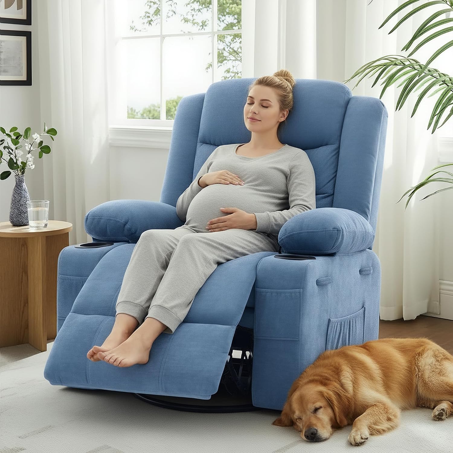Swivel Rocker Recliner Chair, Manual Recliner Single Sofa with Cup Holders and Side Pocket, Chenille Fabric, Upholstered Nursery Rocking Chair for Living Room, Bedroom, Blue