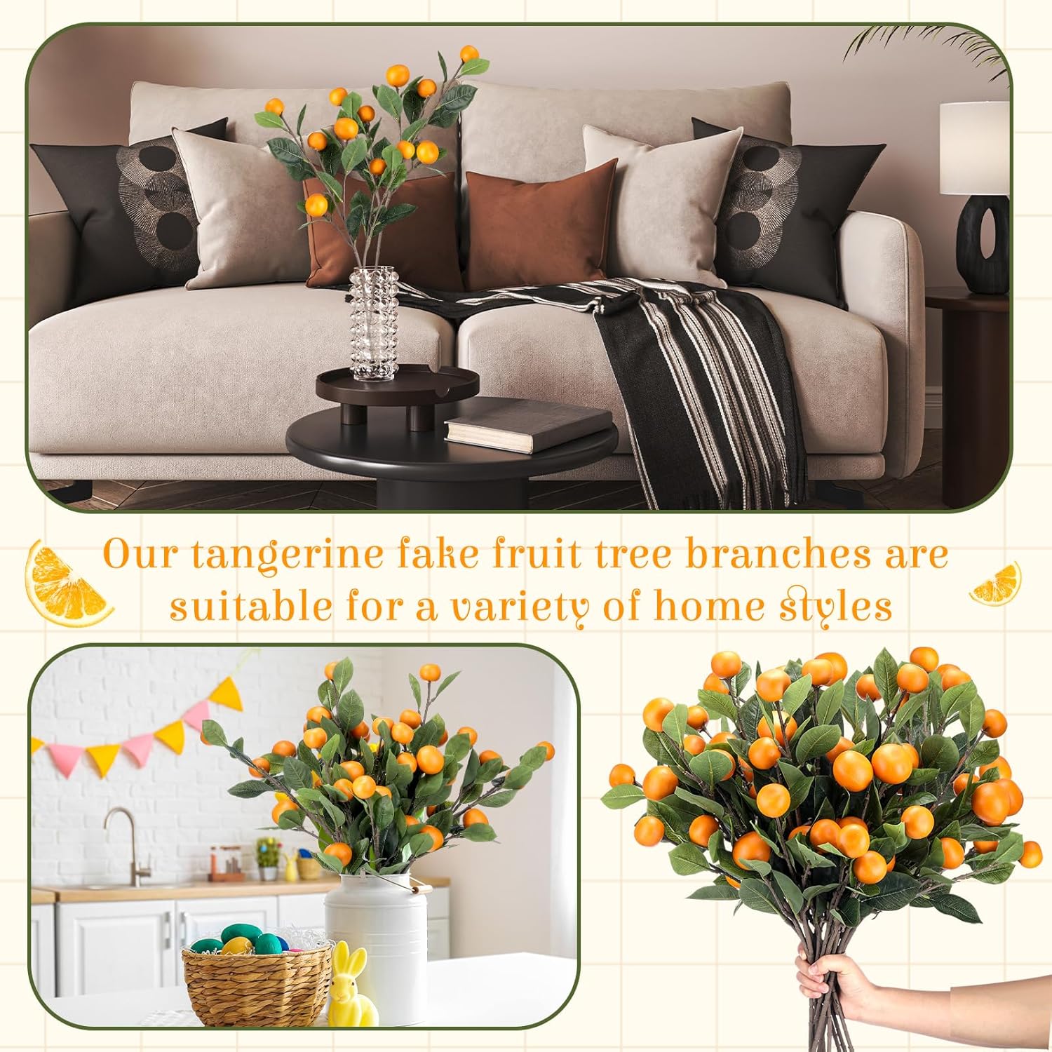 Daifunli 10 Pcs Artificial Tangerine Branches 25 Inch Realistic Faux Oranges Fruit with Green Leaves Simulation Orange Branch Decorative Kumquat Tangerine for Vase Home Party Decoration (6 Oranges)