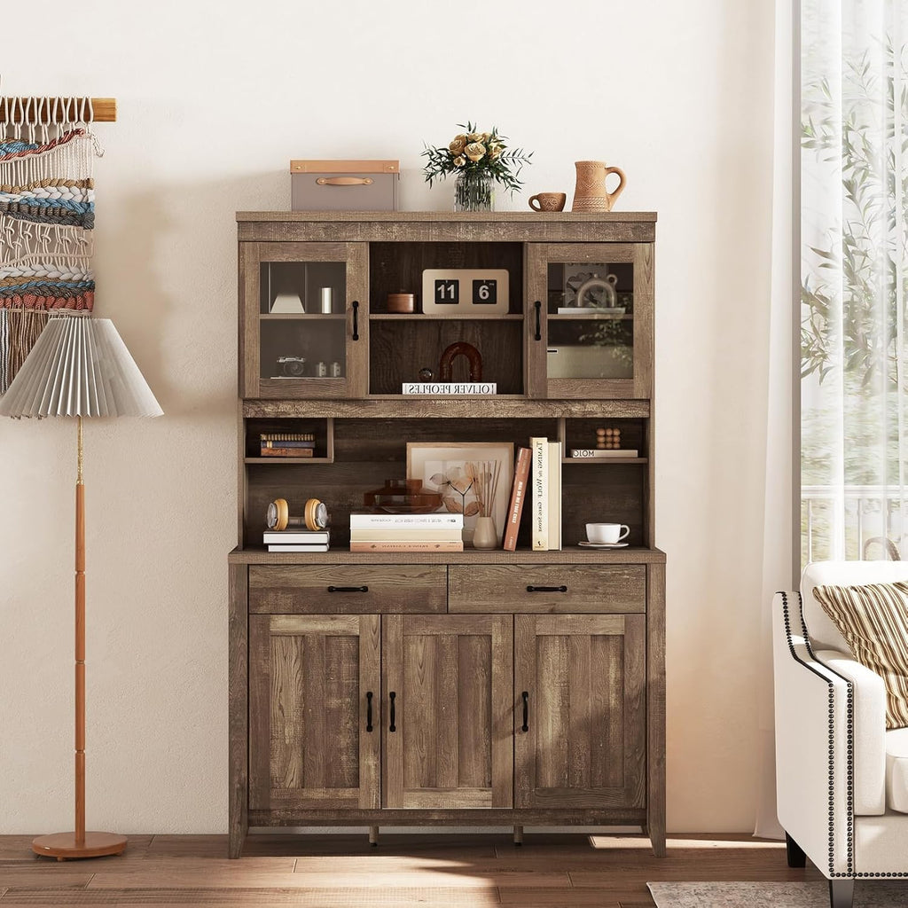 Byroce Kitchen Pantry Cabinet, Farmhouse 78.5” Tall Storage Cabinet w/Countertop, Adjustable Shelves & Drawers, Microwave Shelf w/Hutch, Wooden Buffet Sideboard w/Tempered Glass Doors, Rustic Brown