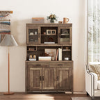 Byroce Kitchen Pantry Cabinet, Farmhouse 78.5” Tall Storage Cabinet w/Countertop, Adjustable Shelves & Drawers, Microwave Shelf w/Hutch, Wooden Buffet Sideboard w/Tempered Glass Doors, Rustic Brown